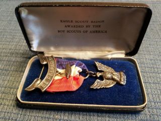 Vintage 1930s Bsa Boy Scout Sterling Robbins 3 Eagle Medal Coffin Case,  Br Palm
