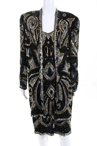 Judith Ann Creations Womens Vintage Dress Suit Black Silk Sequins Beaded Size S