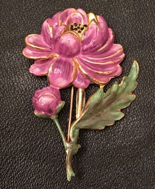 Vtg Sterling Silver Gold Enamel Flower Peony Lilac Purple Rose Brooch Pin