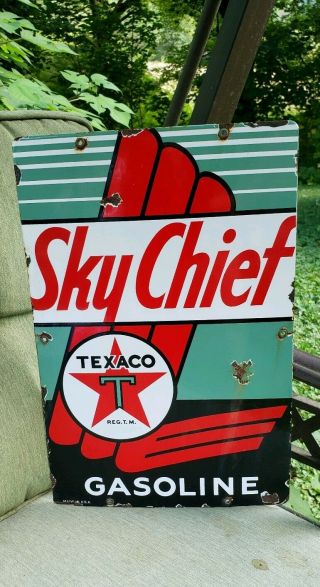 Texaco Sky Chief Porcelain Sign Vintage Gasoline Brand Petroleum Gas Pump Plate