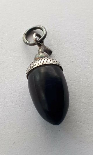 Antique Whitby Jet Acorn Silver Charm Victorian Mourning