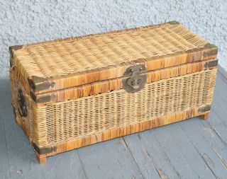 Vintage Chinese Asian Wicker Rattan Chest.  Stamped Brass Hardware.  Patina