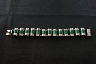 Vintage Sterling Silver Link Bracelet W Green Stone Inlay - 52.  5g