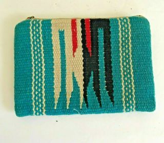 Old Vintage Navajo Rug Woven Bag Or Pouch Blue Red Zipper