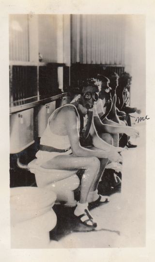 Wwii Snapshot Photo Gis Pooping On Toilets W/ Gas Masks Oahu Hawaii 39