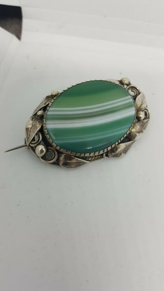 Stunning Antique Arts & Crafts Silver And Green Banded Agate Large Brooch