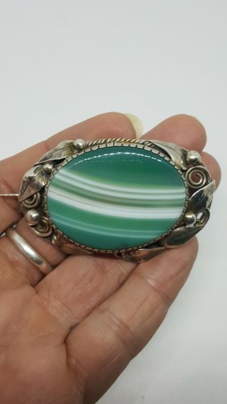 Stunning Antique Arts & Crafts silver and green banded agate large Brooch 7