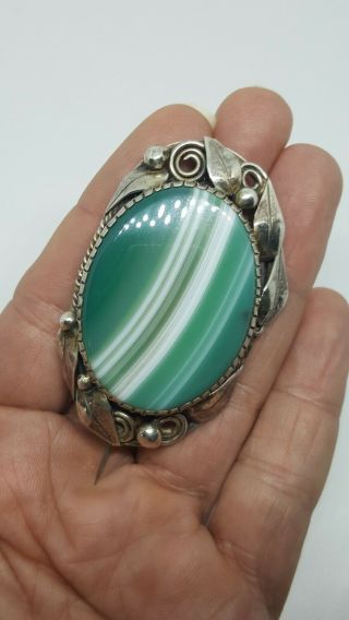 Stunning Antique Arts & Crafts silver and green banded agate large Brooch 8