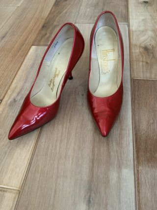 Vintage 50s 60s Red Patent Leather Spike Heels Bombshell Pinup Pointy Stilettos