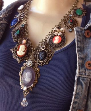 Victorian Menagerie Vintage Necklace 9 Cameo Filigree Rhinestone Charm Pendants