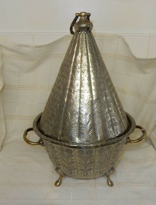 Middle Eastern Islamic Silver Plated 2 Handled Tagine Shaped Tureen Serving Dish 6