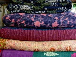 Kantha Quilt Indian Vintage Reversible Throw Handmade Blanket
