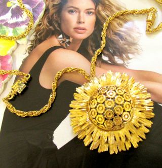 Vtg Runway Monet Tiered Sunflower Golden Pendant Rope Chain Necklace 22 " Exc