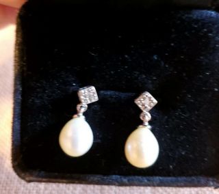 Vintage Palladium Art Deco Antique Pearl Diamond Dangling Drop Earrings