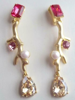 Oscar De La Renta Vintage Earrings Haute Couture Pink Champage Rhinestone Pearl