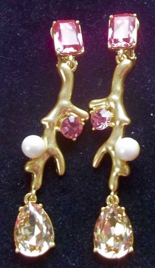 OSCAR De LA RENTA Vintage Earrings Haute Couture Pink Champage Rhinestone Pearl 2