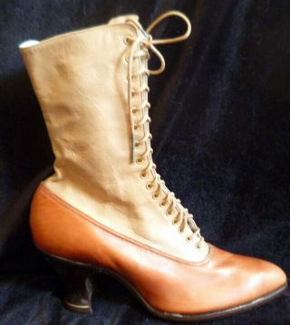 Vintage 1910s Edwardian Brown & Tan Leather Lace Up Boots Size 4 Victorian