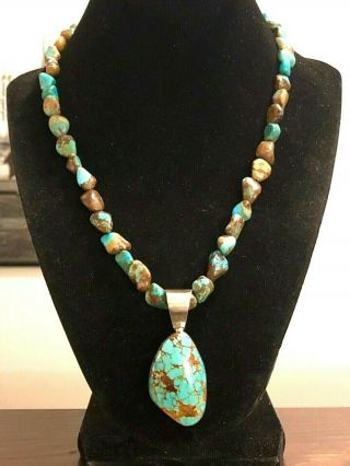Vintage Navajo Juan Willie Sterling Silver 8 Turquoise Necklace & Pendant 925 2