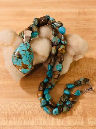 Vintage Navajo Juan Willie Sterling Silver 8 Turquoise Necklace & Pendant 925 8