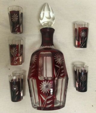Vintage Bohemian Ruby Red Crystal Cut To Clear Liquor Decanter Set W/ 5 Glasses