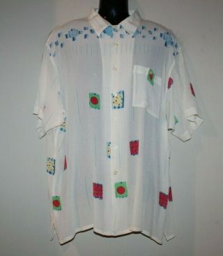 Vintage Genelli Mens 100 Silk Shirt Button Up Short Sleeve Multicolor Mens Xl