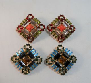 Signed Schreiner Clip Earrings Two Colorways Red/orange,  Blue/green