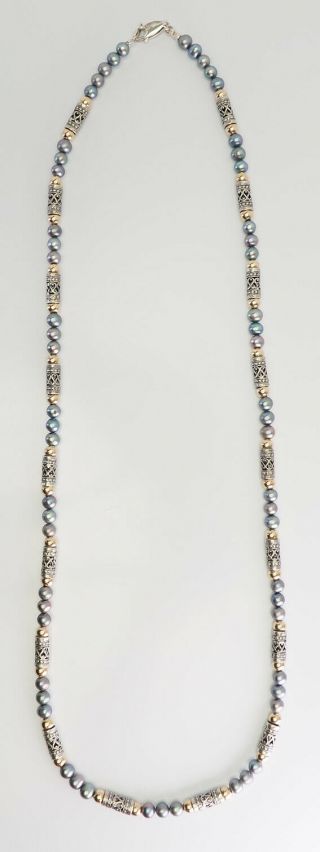 Long Tahitian Pearl Sterling Silver And 14k Gold Bead Necklace