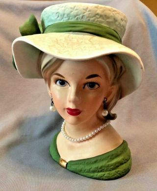 Rare Vintage Estate Head Vase Green Lady Headvase Pearls Relpo K1679 Japan