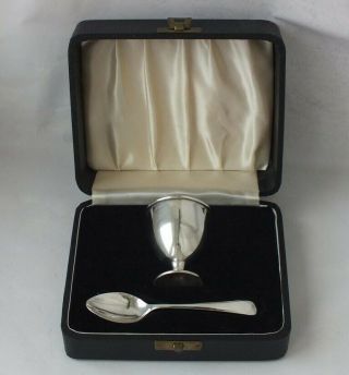 Boxed Solid Sterling Silver Egg Cup & Spoon Set 1957