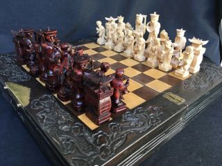 Vintage Chinese Figural Chess Set Hand Carved Wood W Board Eight Immortals 1940s