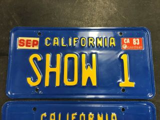 MATCHED PAIR SET BLUE CALIFORNIA VINTAGE LICENSE PLATES SHOW 1 DMV CLEAR 2