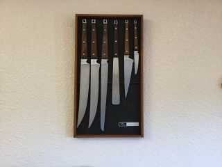 Vtg Ekco Flint Knife set with wall mount wood rack Mid Century Danish Modern USA 2