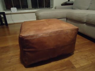 . Due 30 August.  Antique Tan Leather Ottoman Or Footstool