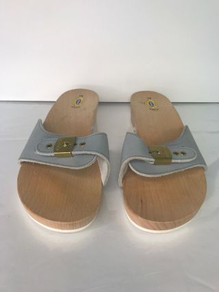 Vintage Dr.  Scholls Wooden Sandals Blue Leather Size 10 Italy