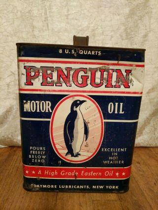Vintage 2 Gallon Penguin Motor Oil Can RARE 2