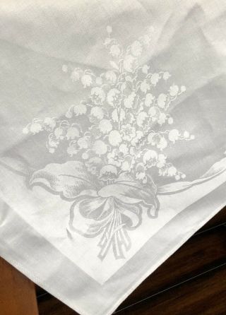 Vintage Damask Irish Linen White Lily Of The Valley Floral 70x140 " Tablecloth