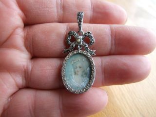 Antique Victorian Hand Painted Lady Miniature Silver & Marcasites Pendant