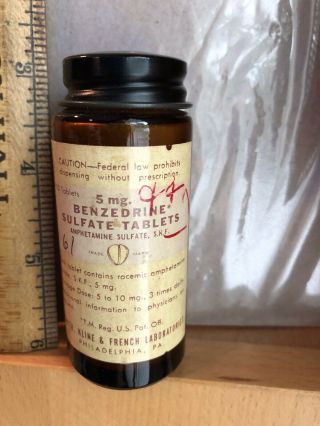 Vintage Benzedrine Amphetamine Smith Kline & French Medicine Bottle