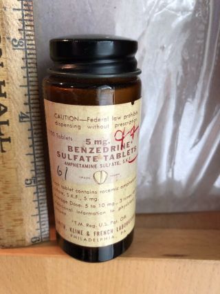 Vintage BENZEDRINE Amphetamine Smith Kline & French Medicine Bottle 2