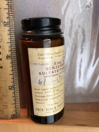Vintage BENZEDRINE Amphetamine Smith Kline & French Medicine Bottle 3