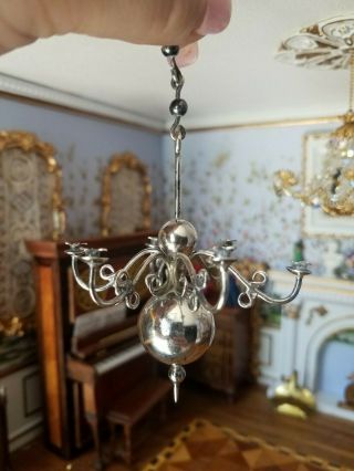 Antique Vintage Dollhouse Miniature Sterling Silver 6 Arm Chandelier 1:12 2