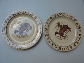 Pair Vintage Wallace China Westward Ho Rodeo Pattern Cowboy Dinner Plates 10 5/8
