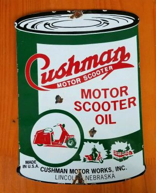 Vintage Cushman Motor Oil Can Porcelain Sign Steel Gas Oil Garage