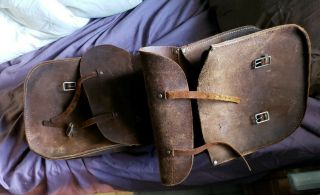 Vtg Pair All Leather Saddle Bags For Horseback Riding Or Motorcycle 39 " X 11 J - 6