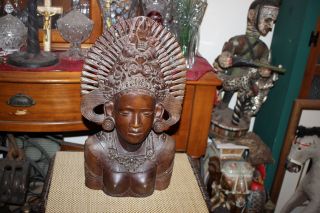 Large Vintage Bali Thailand Wood Carving Religious Spiritual Woman - Headdress