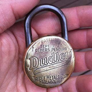 Vintage DUDLEY Brass Combination Padlock Lock Patented 1920 Chicago W/ COMBO 2