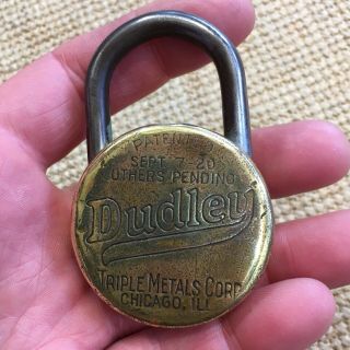 Vintage DUDLEY Brass Combination Padlock Lock Patented 1920 Chicago W/ COMBO 5