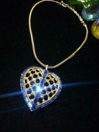 Vtg Creme De La Creme Sgnd Crown Trifari Pat Pend Lg Heart Necklace Blue R/s