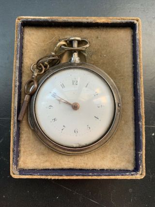 Vintage Solid Silver Verge Fusee Pocket Watch Pair Case With Key And Case