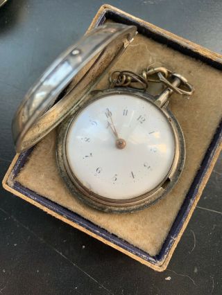 VINTAGE SOLID SILVER VERGE FUSEE POCKET WATCH PAIR CASE WITH KEY AND CASE 2